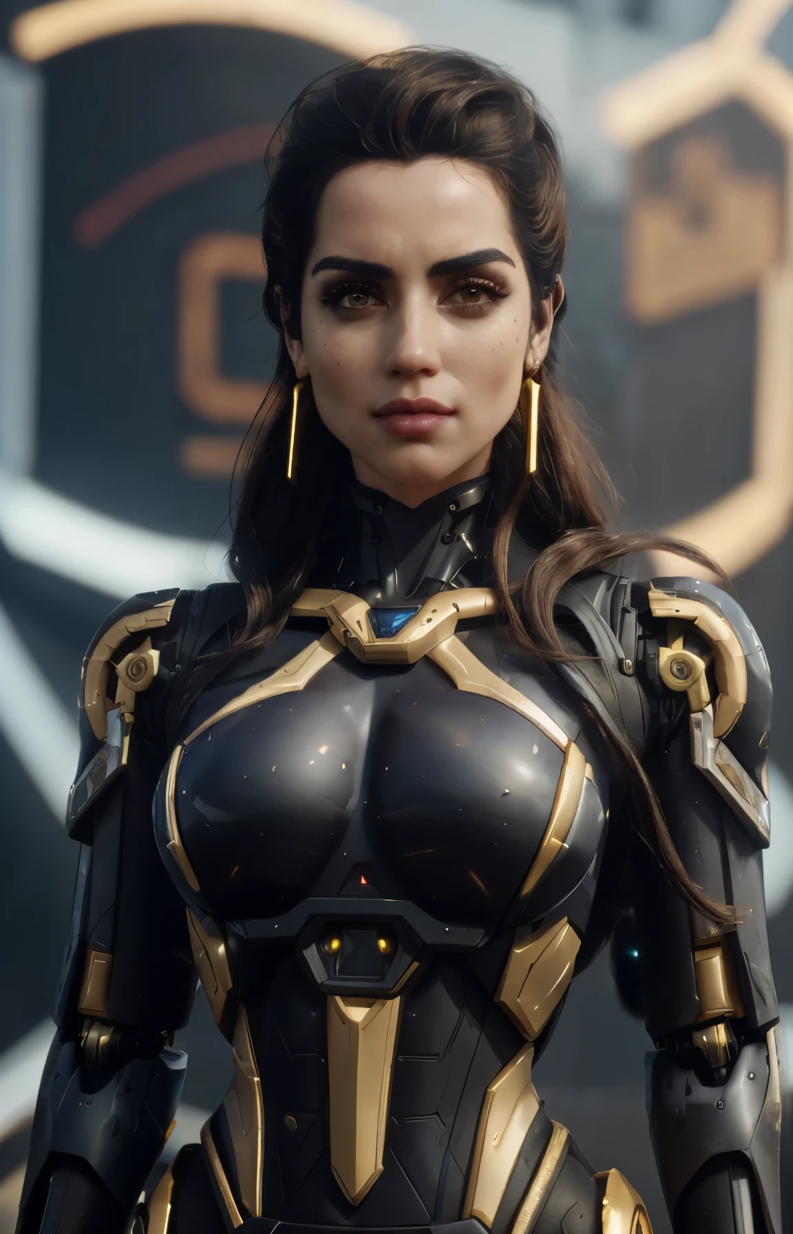 um close up de uma mulher com uma roupa futurista com fones de ouvido, eco de overwatch, My hate, 8k art german bokeh, ana de armas, parted lips,  8k 3D rendering character art, cinematic bust shot, artgerm extremamente detalhado, artgerm e lois van baarle, Symmetra de Overwatch, rogue hair, robotic body, cyber sorceress