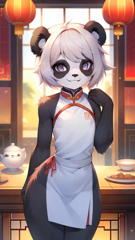 Best quality, Super detailed illustration, (1 boy:1.2), (Fluffy panda:1.4) , feminine face and body, disheveled thick hair, Chin...