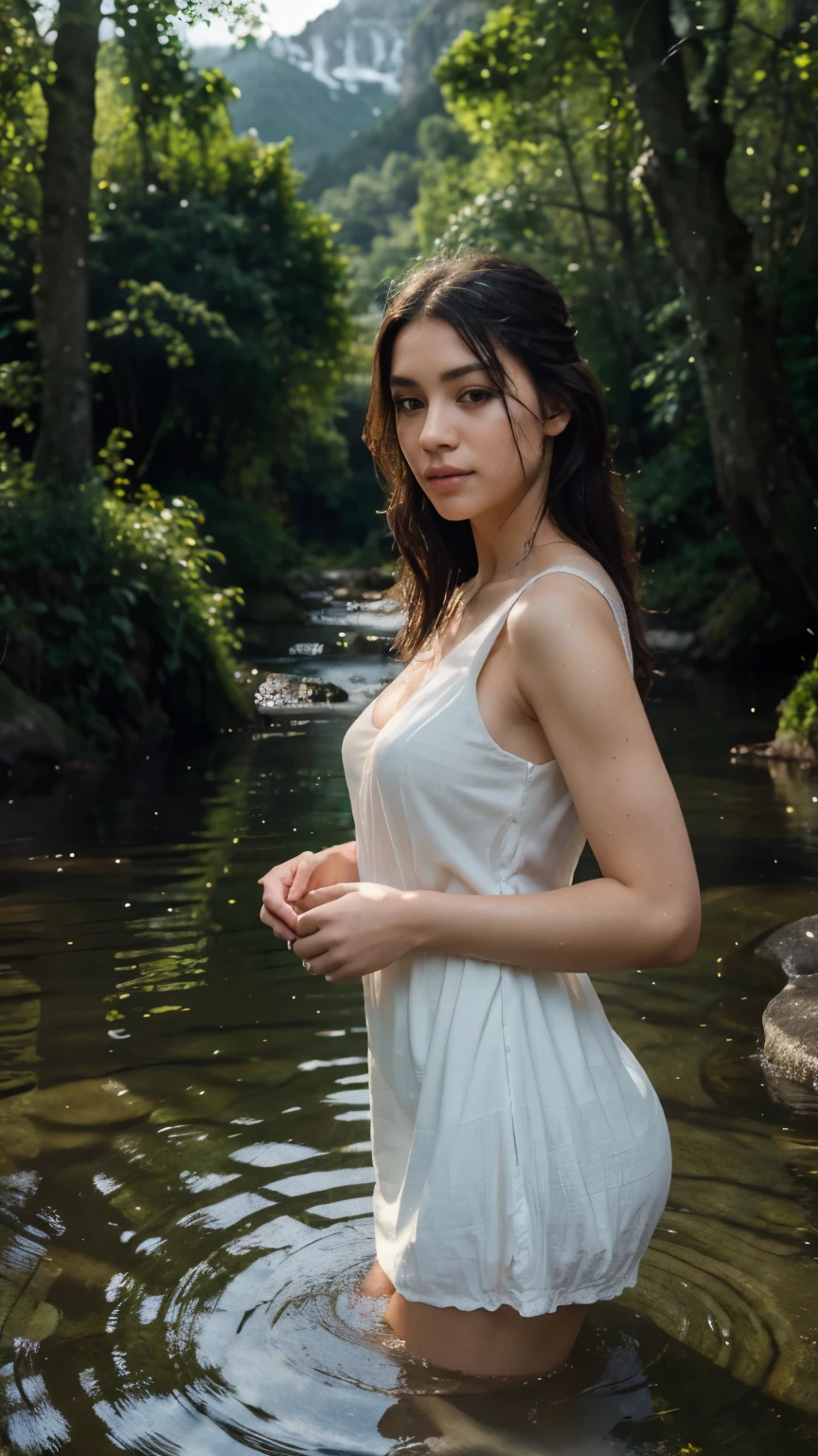 A woman bathing in a river wearing a thin white dress, with mountains in the background.
(best quality,4k,8k,highres,masterpiece:1.2),ultra-detailed,(realistic,photorealistic,photo-realistic:1.37), HDR, UHD, studio lighting, ultra-fine painting, sharp focus, physically-based rendering, extreme detail description, professional, vivid colors, bokeh, portraits, landscape, nature, serene ambiance, flowing water, lush vegetation, delicate flow of the dress, calm and peaceful expression, realistic water reflections, slight mist in the air, soft natural lighting, sunlight filtering through trees, a sense of tranquility and serenity.