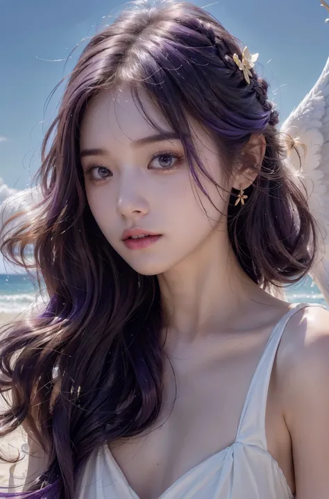 (((RAW photo , insanely detailed, highest quality, high resolution,)))

break、(contrast:),  full body、large tits,angel Smile、

break、 (((violet hair Beach waves hairstyle ))), ((cosmetics)),

break、White effect, White wings:1.2 ,  White angel:1.2, ((night)...