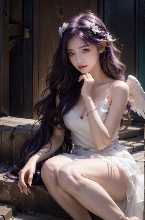 (((RAW photo , insanely detailed, highest quality, high resolution,)))

break、(contrast:),  full body、large tits,angel Smile、

break、 (((violet hair Beach waves hairstyle ))), ((cosmetics)),

break、White effect, White wings:1.2 ,  White angel:1.2, ((night)...