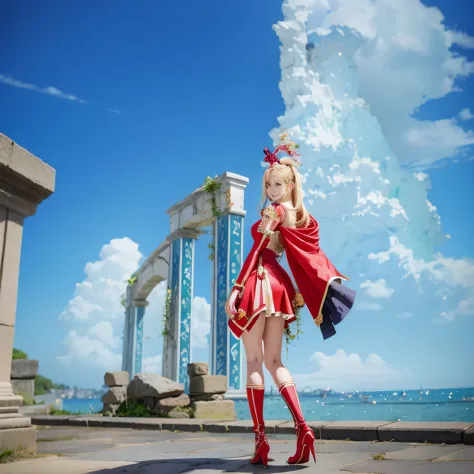 anime girl in red dress walking on a stone walkway near a building, official character art, gyro zeppeli, from one piece, anime ...