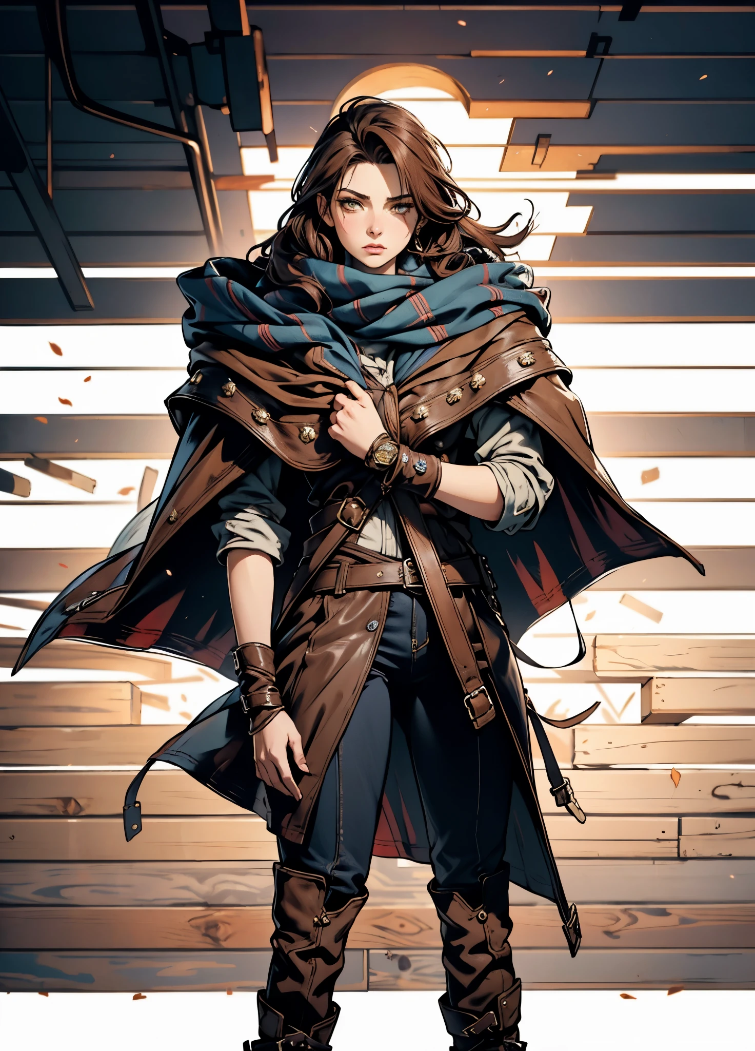 A woman with short reddish-brown hair, a determined gaze, her upper body is enveloped in a heavy cloak with leather accents, the cloak covers the lower half of her face, a tight-fitting long leather trench coat with ethnic-style details at the hem underneath, coarse fabric pants, sturdy knee-high leather boots, the background depicts a fantasy-style western town with swirling yellow sand, this character embodies a finely crafted fantasy western-style female shaman in anime style, exquisite and mature manga art style, high definition, best quality, highres, ultra-detailed, ultra-fine painting, extremely delicate, professional, anatomically correct, symmetrical face, extremely detailed eyes and face, high quality eyes, creativity, RAW photo, UHD, 8k, Natural light, cinematic lighting, masterpiece-anatomy-perfect, masterpiece:1.5