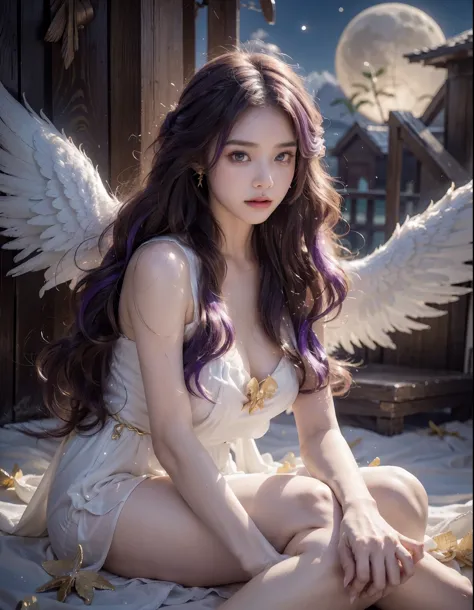 (((RAW photo , insanely detailed, highest quality, high resolution,)))

break、(contrast:),  full body:1、large tits,angel Smile、barefoot、

break、 (((violet hair Beach waves hairstyle ))), (((cosmetics))),

break、White effect ,  White angel:1.2, ((night)) 、
...