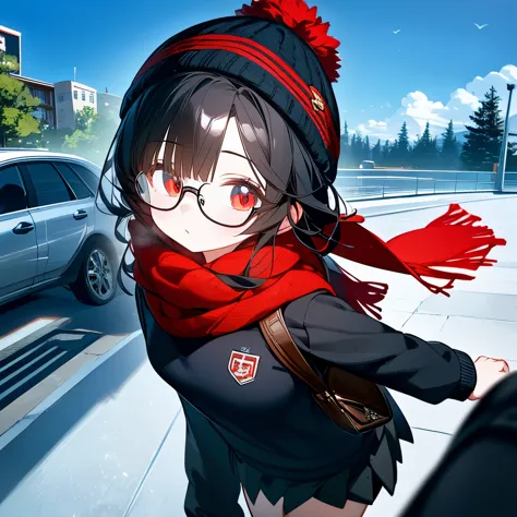 (masterpiece), best quality, expressive eyes, perfect face, red eye, black beanie, fluffy cut black hair, black scarf, tool bag ...