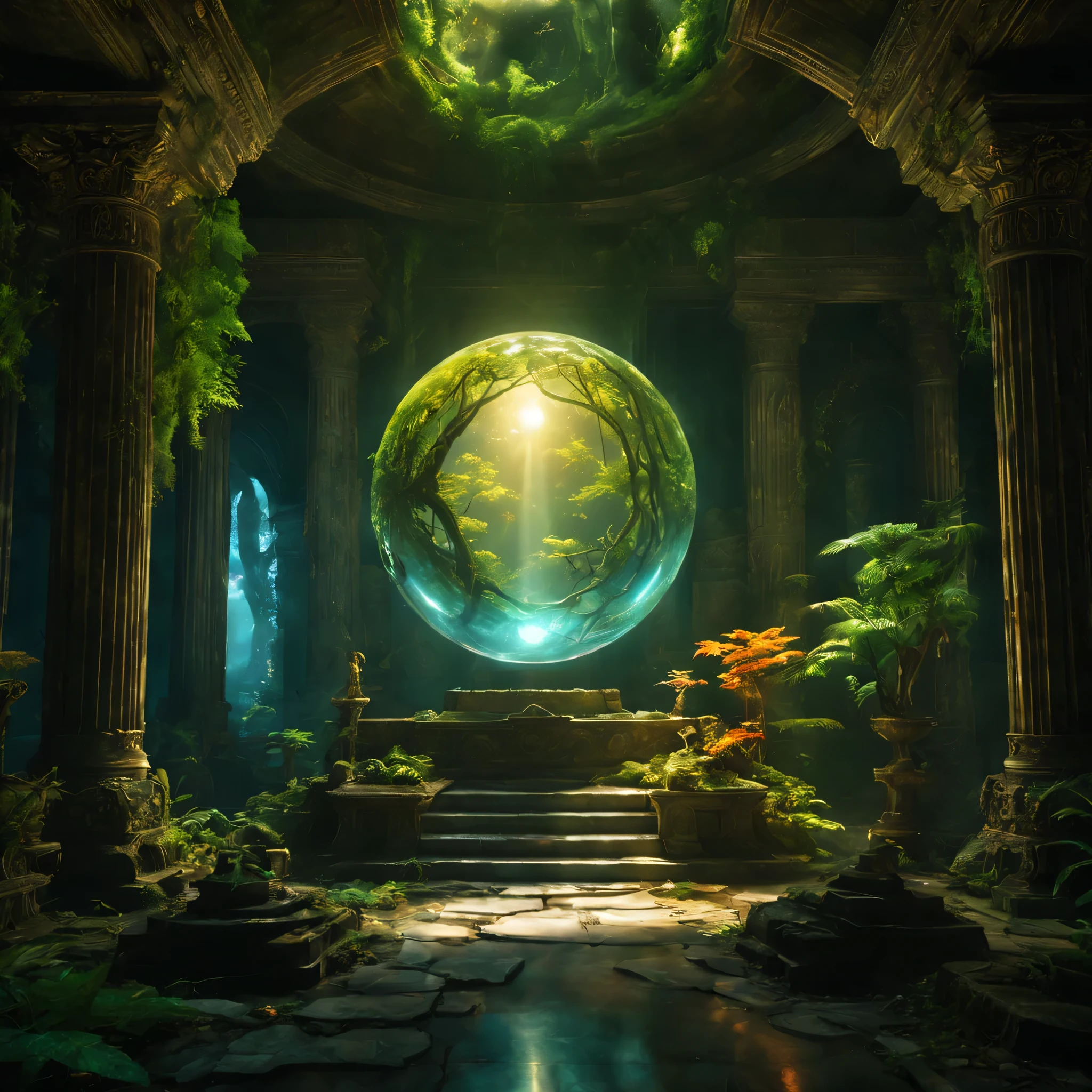 landscape,In the center of the room((spherical light:Mysterious:magic effect:light of science:haze of light:be familiar with:holography:The landscape of another world is reflected:flash:rich colors:Cast colorful spells)),flash,Very flash,Overgrown with plants,leaf,vine,moss,Background of ancient temples:dim:Surrounded by creative murals:delicate and beautiful,feel wisdom and wisdom,It was among the ruins of a destroyed civilization..,A temple surrounded by plants,A scene from a movie,fantasy,dramatic,magic effect,light of science,Science meets magic,(Effectively place holography),How beautiful,beautiful light and shadow,3d,8k,dull mural,decoration:money:silver:dull,The time machine created by the ancients was forgotten..、now, deep inside the temple, it is waiting for visitors.,light leaking from the ceiling,A dreamy sight,fantasy,Mysterious