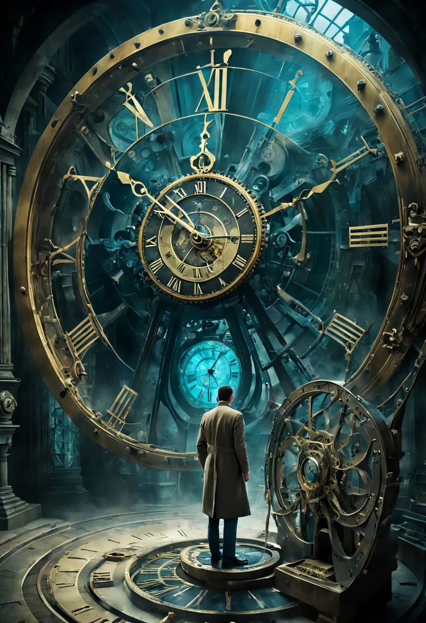 Double exposure of man, clock and time gate.Forgotten Gateway of Time and Space/Forgotten Gate of Time and Space/The forgotten d...