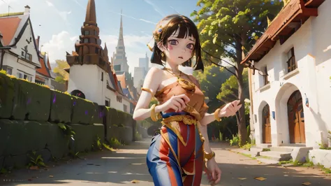 Pomni in thai dress and The background is a Thai temple, Red and blue shirt