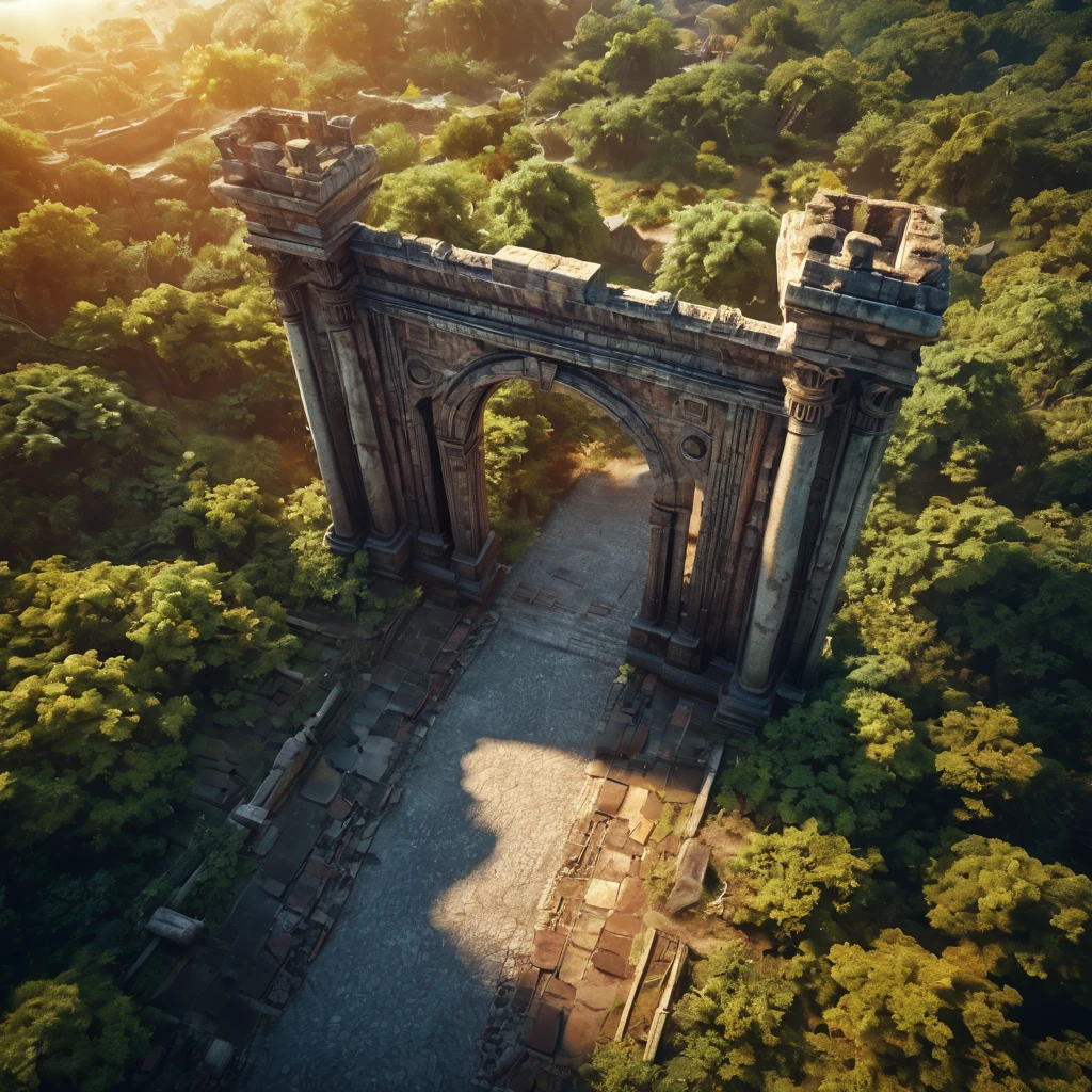 Aerial view of a forgotten ((open gateway)) of time and space.(best quality,4k,8k,highres,masterpiece:1.2),ultra-detailed,(realistic,photorealistic,photo-realistic:1.37),HDR,UHD,studio lighting,ultra-fine painting,sharp focus,physically-based rendering,extreme detail description,professional,vivid colors,bokeh,concept artists