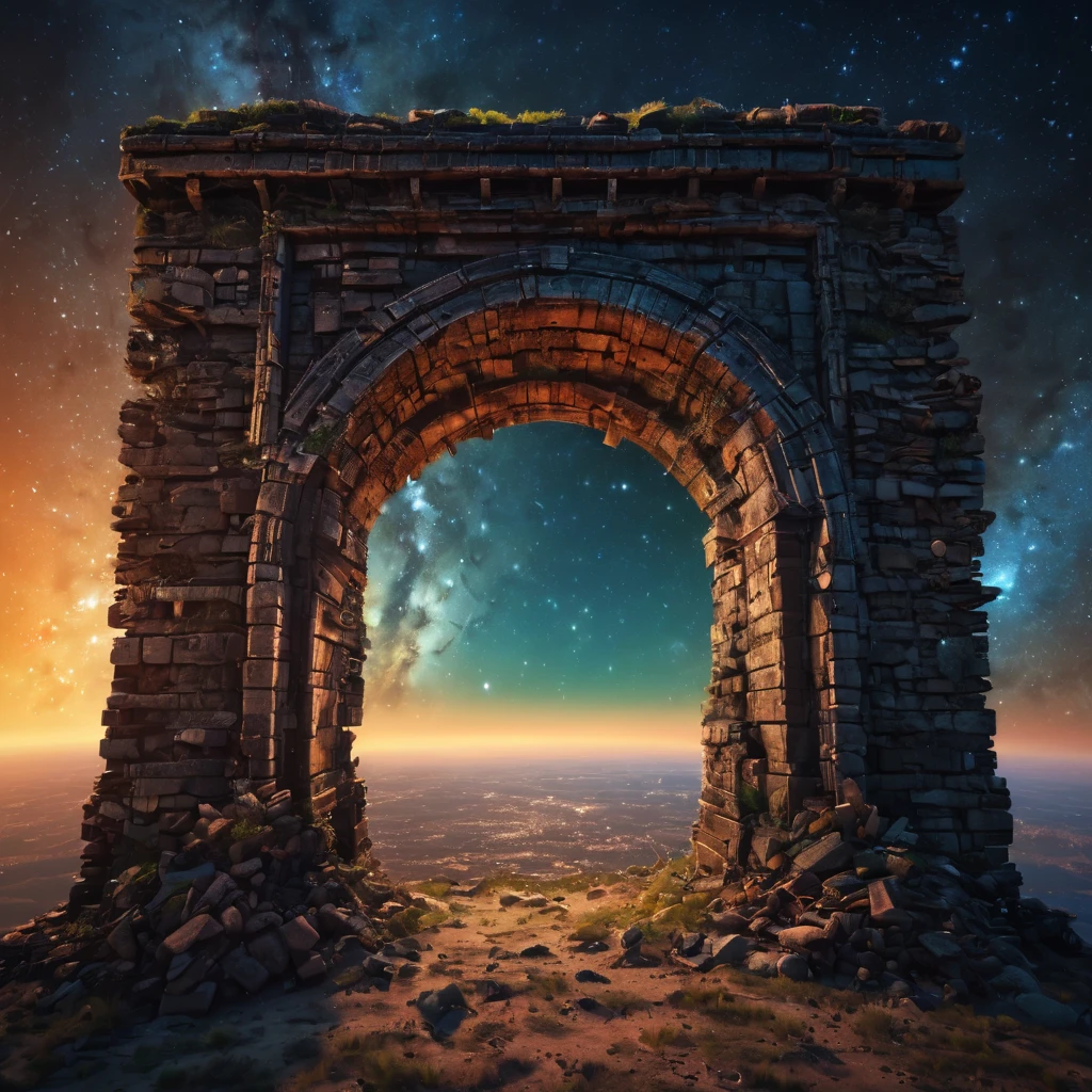 Aerial view of a forgotten ((open gateway)) of time and space.(best quality,4k,8k,highres,masterpiece:1.2),ultra-detailed,(realistic,photorealistic,photo-realistic:1.37),HDR,UHD,studio lighting,ultra-fine painting,sharp focus,physically-based rendering,extreme detail description,professional,vivid colors,bokeh,concept artists