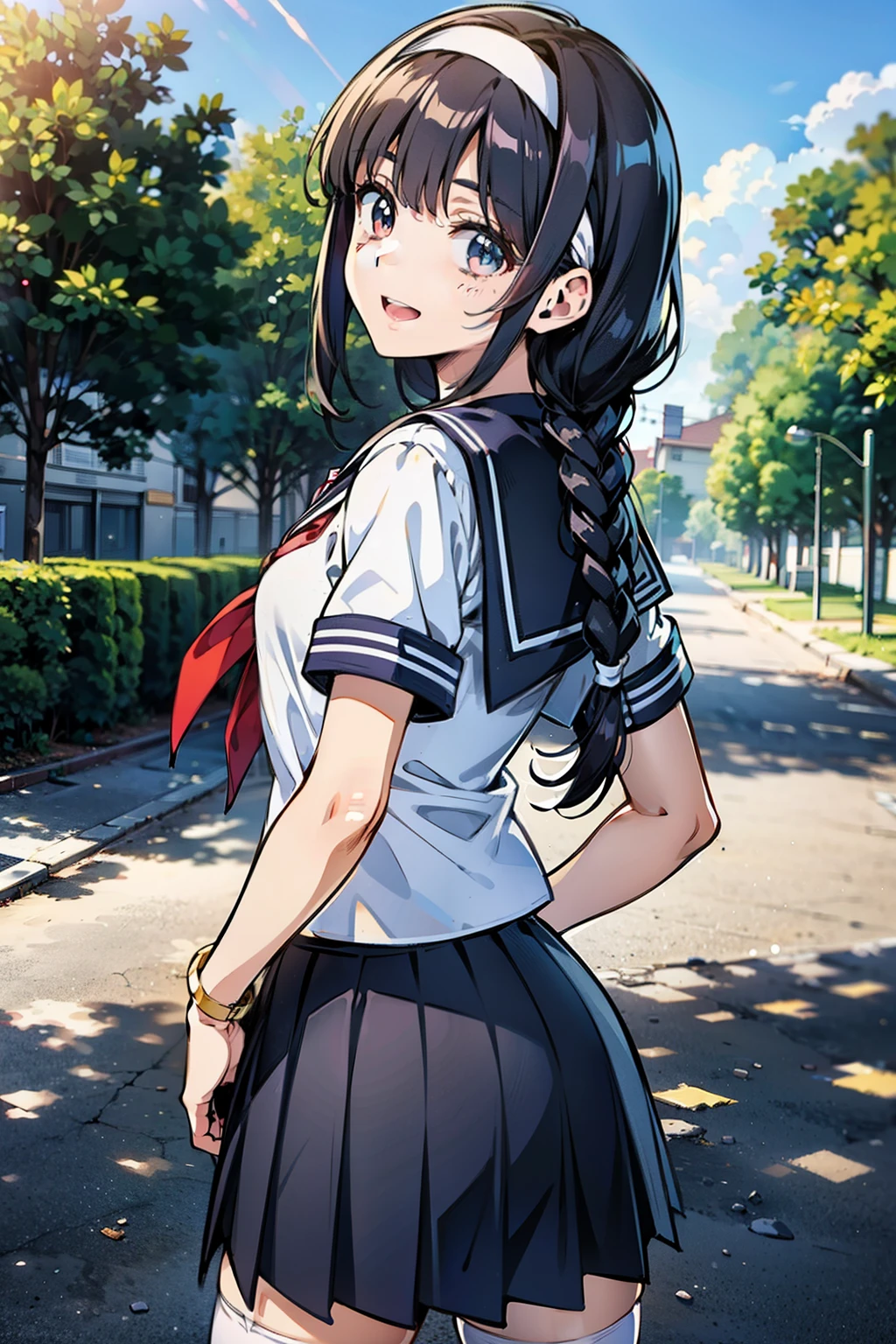 Body 8 times longer than head, (High-definition CG Unity 8K), (highest quality)，(very detailed)，(ultra high resolution), black hair, High school girl wearing a navy sailor suit, anime 2d rendering, realistic young anime , ((white headband)), small breasts, tall, slanted eyes, (school scenery), black stockings, during the day, open your mouth a little, Dark blue skirt, braid hair,  smile, pose of looking back, 