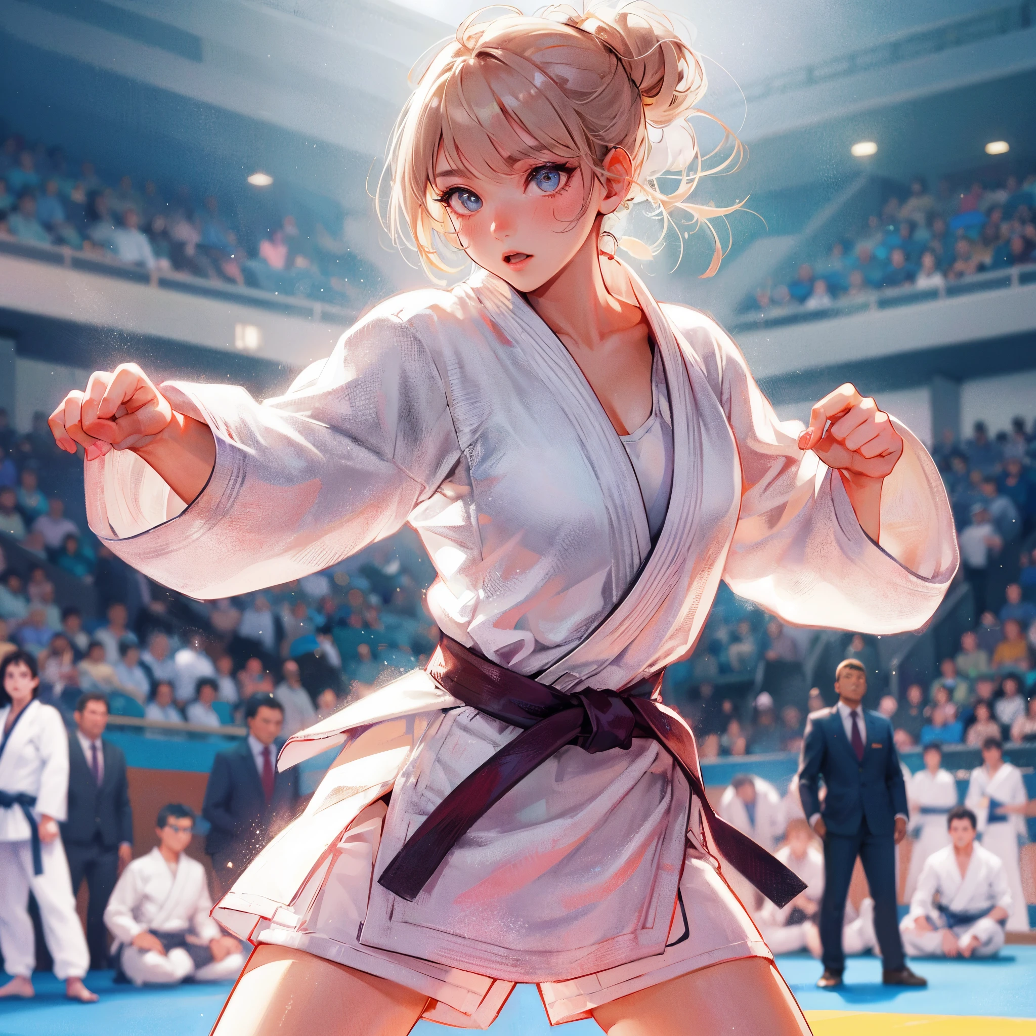 Anime girl in a white kimono standing in front of a crowd - SeaArt AI