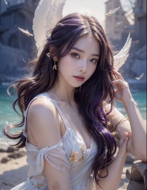 (((RAW photo , insanely detailed, highest quality, high resolution,)))

break、(contrast:),  full body:1、large tits,angel Smile、barefoot、

break、 (((violet hair Beach waves hairstyle ))), (((cosmetics))),

break、White effect ,  White angel:1.2, ((night)) 、
...
