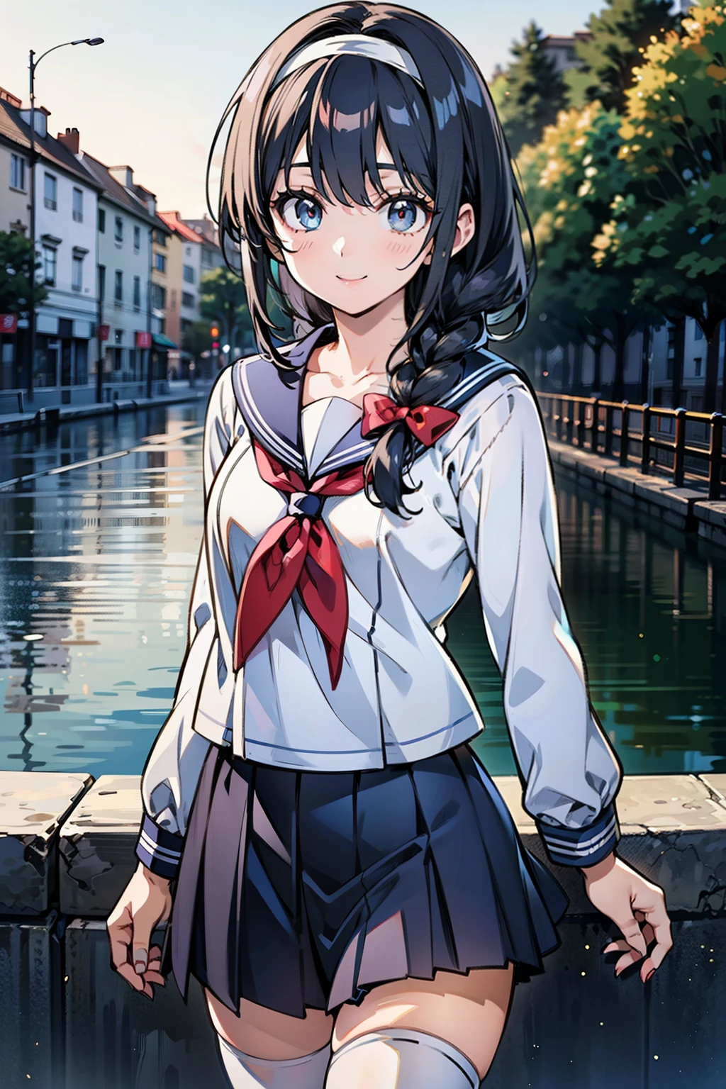 Body 8 times longer than head, (High-definition CG Unity 8K), (highest quality)，(very detailed)，(ultra high resolution), black hair, High school girl wearing a navy sailor suit, anime 2d rendering, realistic young anime , ((white headband)), small breasts, tall, slanted eyes, (school scenery), black stockings, during the day, open your mouth a little, smile, Dark blue skirt, braid hair,  