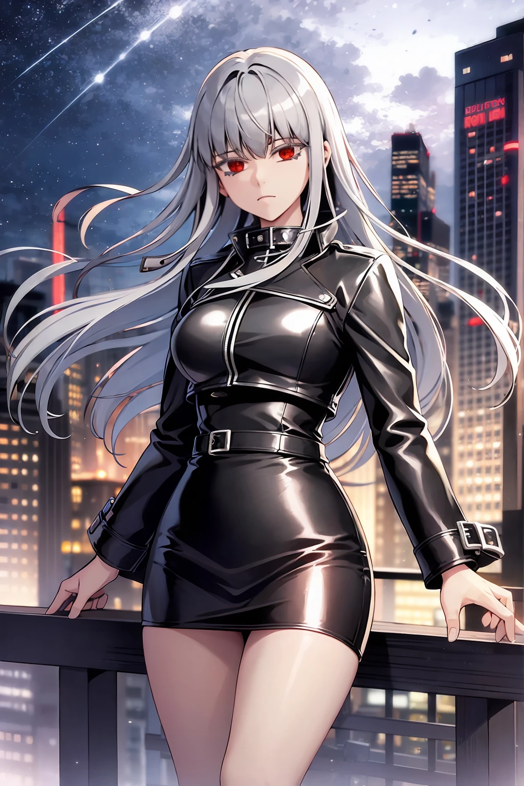 1girl, solo, silver hair, red eyes, bangs, leather jacket, tight skirt, facing viewer
cityscape, citylights, night sky,  