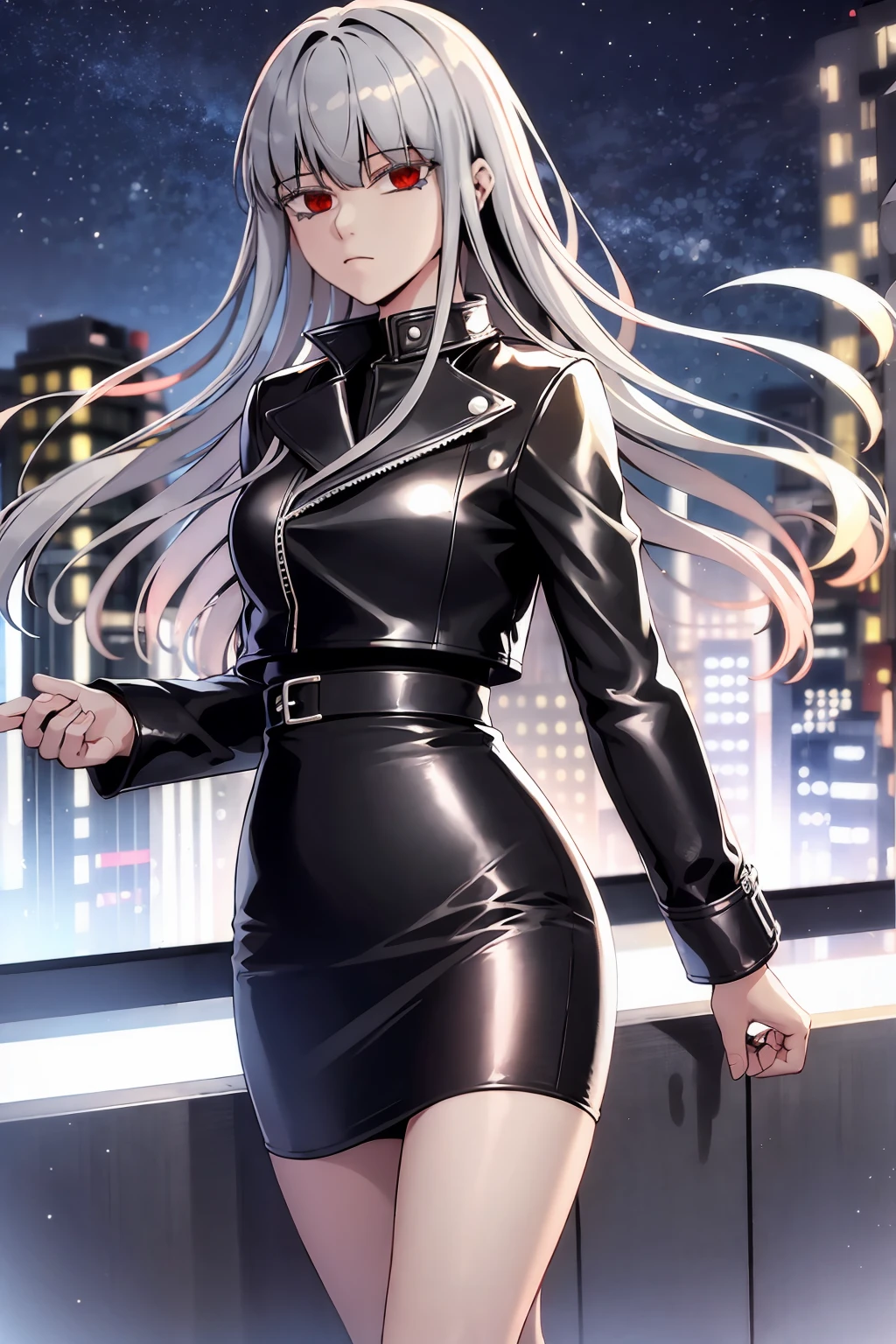 1girl, solo, silver hair, red eyes, bangs, leather jacket, tight skirt, facing viewer
cityscape, citylights, night sky,  