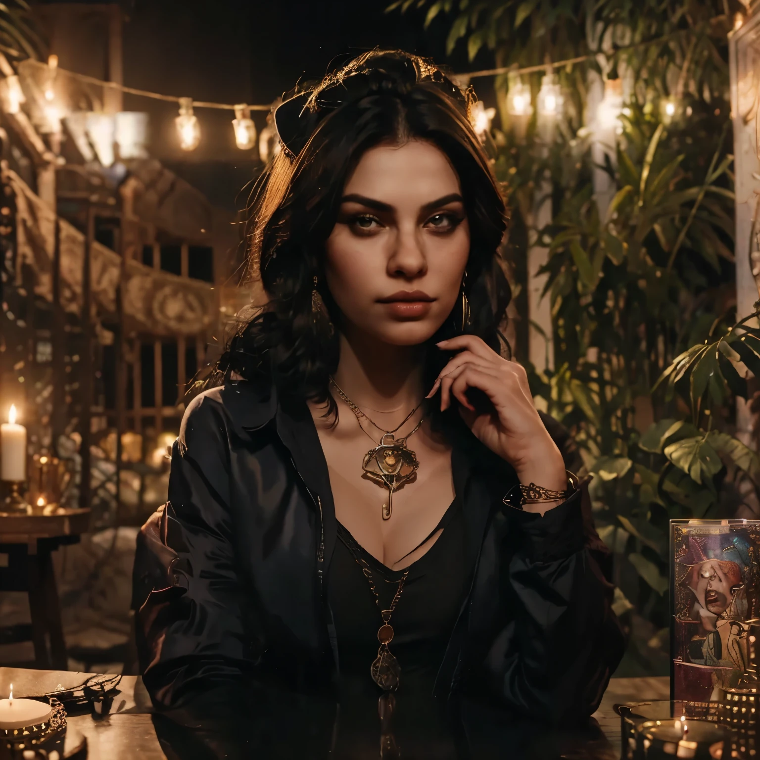 A gypsy ,looks at the camera.In front of her are tarot cards.skull and candles on the table.black cat next to her.She looks like Monica Belluci