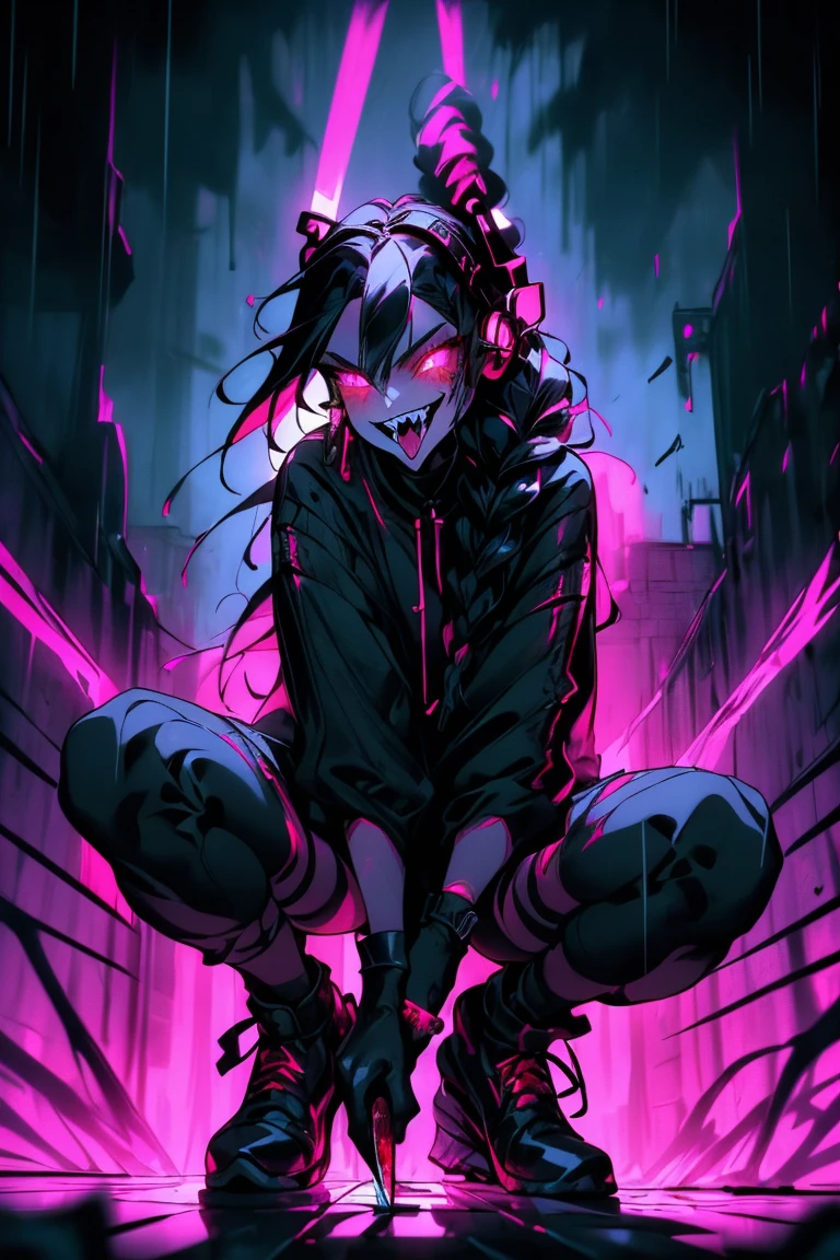 (ultra-detailed), (masterpiece), (best quality), (depth of field), (sharp focus), (cinematic lighting), (vibrant colors),   1girl, crazy smile, fangs, tongue sticking out, glowing eyes, dynamic pose, monster, headphones, streetwear, raining, black hair, long braided hair, squatting, black gloves, holding knife, blood