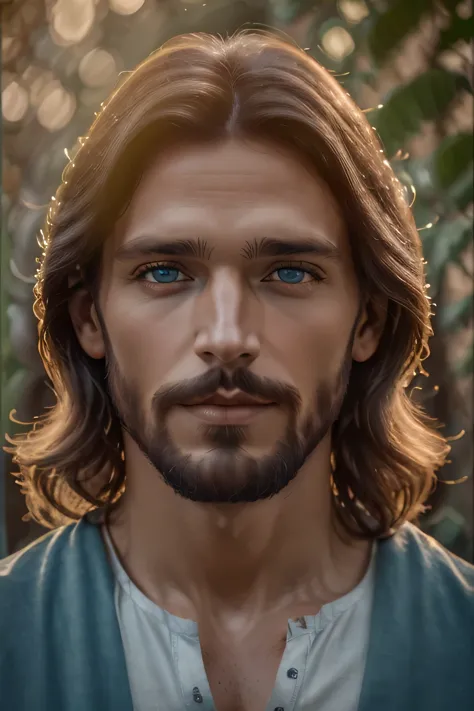 Jesus em close de busto, foto do peitoral para cima, serene appearance, foto estilo 3x4, Front view, realista em 4K, lente de 50...