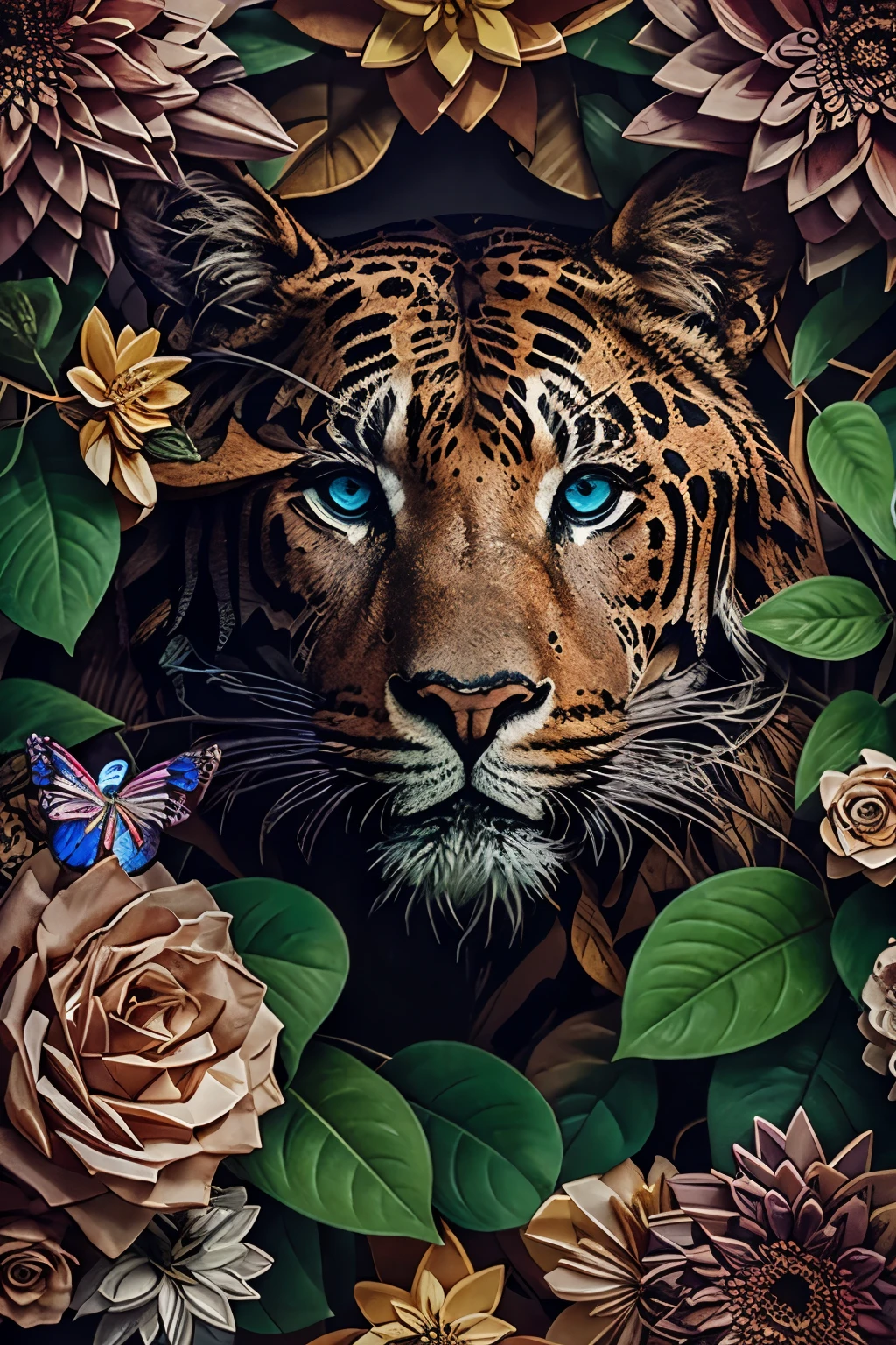 collage contemporary art, panter head, with flowers and leaves, painted, ultra detailed, full color, vibrant colors, 8k, realistic