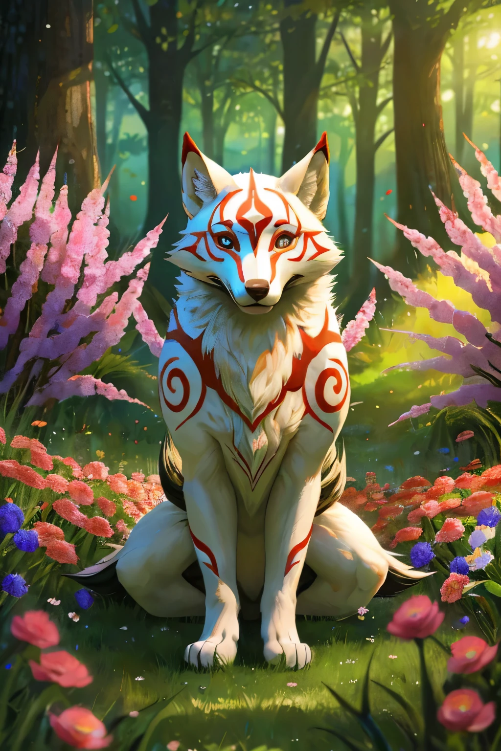 um lindo papel de parede com uma amaterasu feminina como tema principal, renderizado em alta resolução com recursos ultra-detalhados. O amaterasu deve ter uma aparência realista, com olhos detalhados, nariz, e lábios. A arte deve apresentar uma paleta de cores vibrantes, com cores vivas para dar vida à imagem. A iluminação deve ser suave e natural, criando uma atmosfera calorosa e convidativa. Adicionalmente, o amaterasu pode ser cercado por um fundo de floresta exuberante, com árvores, Flores, e outros elementos da natureza acrescentando profundidade à cena. A estética geral deve ter uma sensação nostálgica, uma reminiscência de videogames clássicos.
