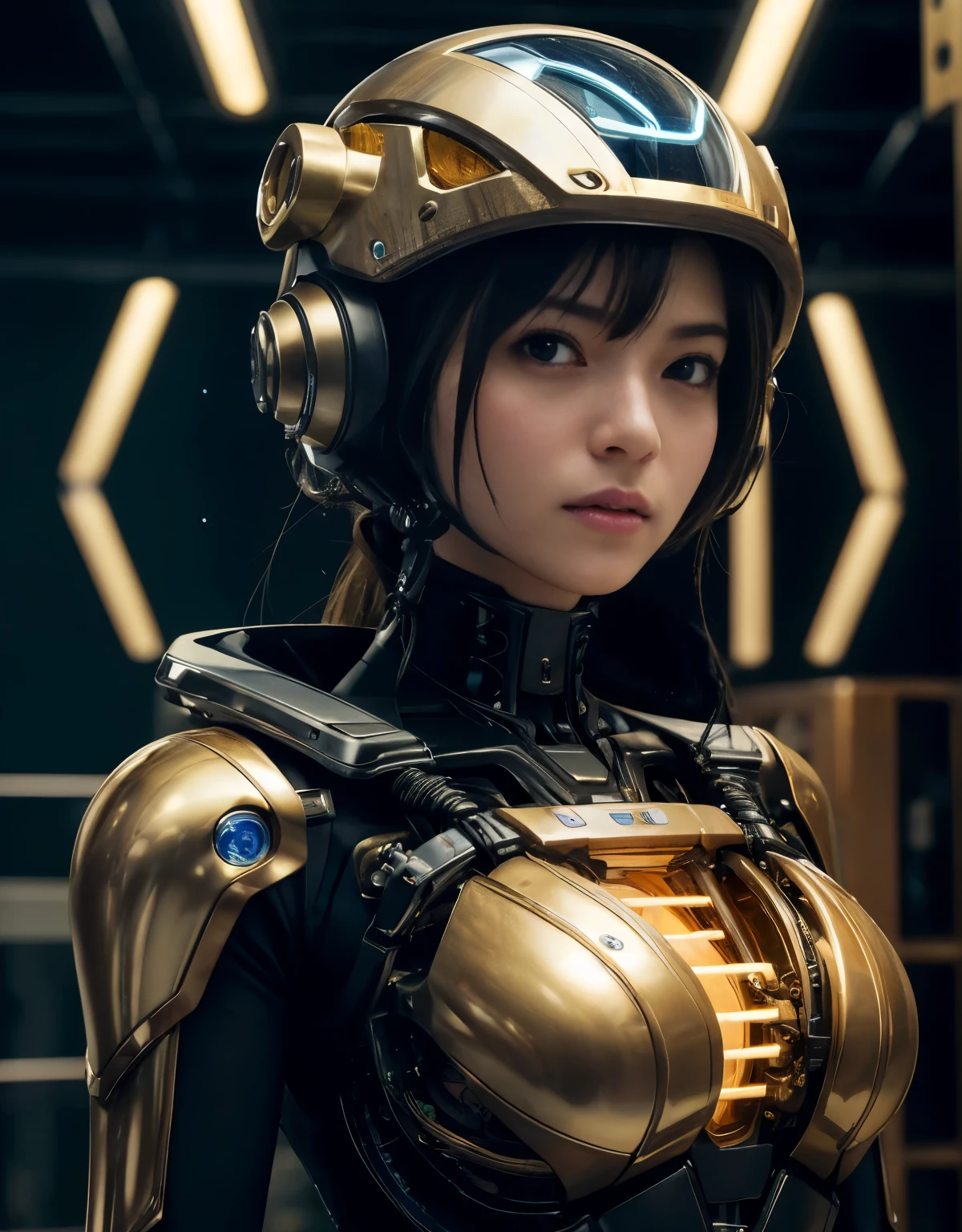 (Background of skimpy mechanical girl and octopus alien)、（Mystical expression）、highest quality、masterpiece、Super high resolution、(Photoreal:1.4)、RAW photo、1 girl、glowing skin、detailed face、(((1 Mechanical Girl)))、Heavy chest、（gold metal bodysuit）、(Natural alien background to fight aliens)、(Small LED)、((Super realistic details))、vertical giant monster background),global illumination、Shadow、octane rendering、24K、super sharp、roboTの背景、big breasts、Raw skin exposed in the cleavage、intricate decorative details、Japan details、very intricate details、realistic light、(Mystical expression),CG Society Trenlow Eyes、Eyes shining towards the camera、Mechanical marginal blood vessels connected to neon detail tubes)、(Wires and cables connecting to the head)、Small LED、,mechanical thighs、two stock、（Hands are also made of machines）、roboT、future alien、Please wear a mechanical helmet、transparent face guard on helmet,