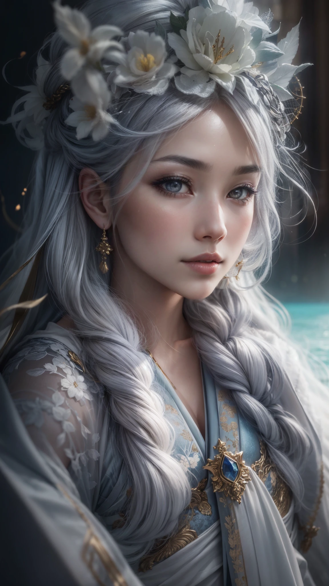 A full body portrait of a japanese woman with a silver tail and little horns, the photograph captured in stunning 8k resolution and raw format to preserve the highest quality of detail. The woman's beauty is undeniable, a peaceful look. She wears a silver ceremonial robe with some delicate embroidered details that complement her charming and passionate pose, all portrayed with meticulous attention to detail, showing the perfection and maturity in her face with delicate features and hyper-detailed bright silver eyes. The photograph is taken with a lens that frames your entire body, challenging your gaze, and the backdrop is a divine, bright environment that highlights the vibrant colors of the scene. The lighting and shadows are expertly crafted to highlight the richness of her skin and subtle nuances of her features. Her long silver hair, with distinct variations in tone, stands out in contrast to her snow-white skin. The external environment adds a sense of divinity, while a few small silver scales on its skin reflect the sunlight. The overall composition captures her essence with authenticity and grace, creating a portrait that is a celebration of a celestial goddess. Photography by defiance512, using the best shadow and lighting techniques, to create a mesmerizing portrait that transcends the visual.