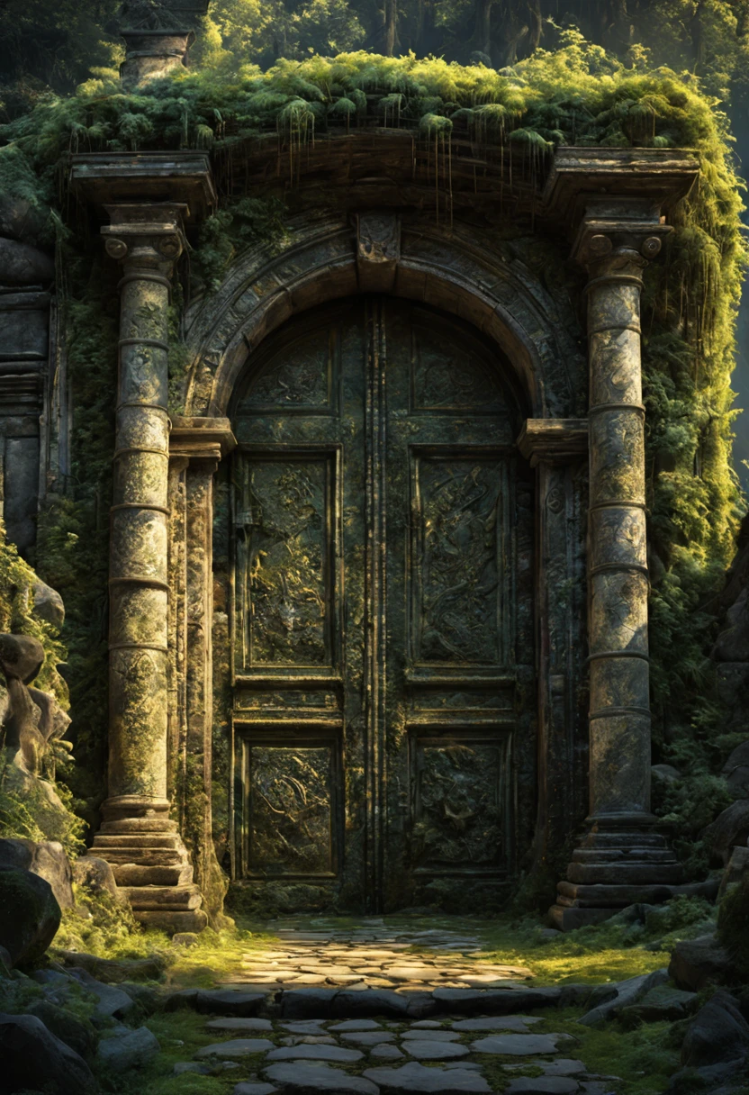 An ancient gateway of time and space, a weathered stone structure of best quality and resolution (1.2), with dimensions in 4K and 8K (ultra-high definition), revealing a magnificent masterpiece. The giant double doors are intricately carved, displaying photorealistic (1.37) and highly detailed designs that seem to come alive. Glimmering portal to another dimension, the entrance casts a serene atmosphere infused with magic, as dappled sunlight streams in through the layers of overgrown vines and moss covering the entrance. Crumbling pillars and cracked walls tell tales of a long-lost civilization, while twilight hues cast an eth