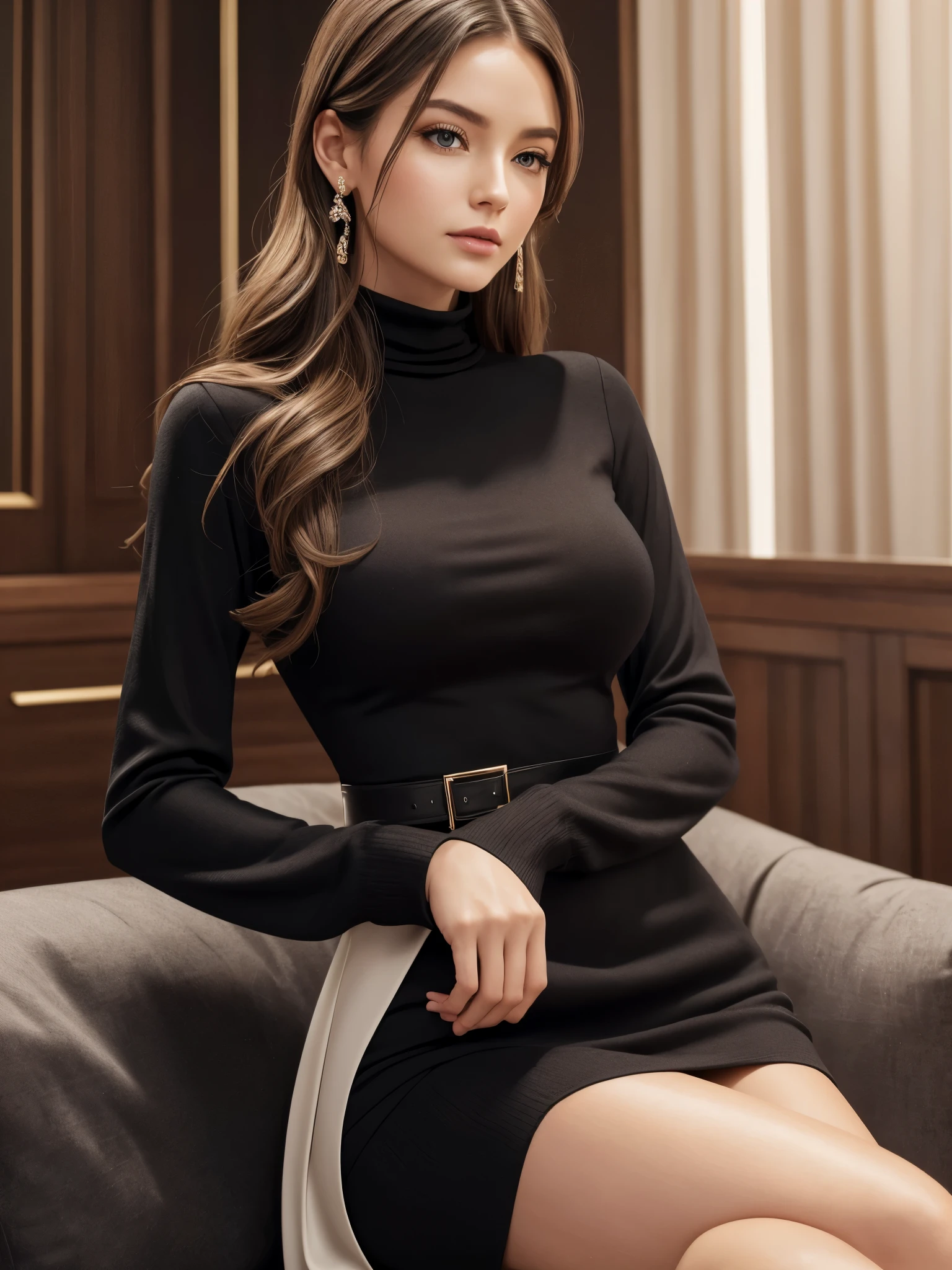 A woman in a black dress sitting on a couch - SeaArt AI