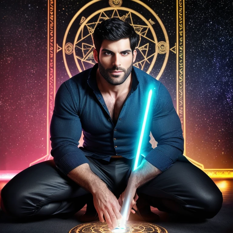 (best quality,16k,ultra quality image,realistic,high-res,masterpiece:1.2),face focus,David Giuntoli,long beard,detailed eyes,sharp jawline,strong facial features,dark hair,using a staff,standing in a magic circle on the ground,conjouring luminous spirits, sitting with legs apart, bulge in pants, big bulge, colored lights illuminating the scene,dramatic shadows,vibrant colors
