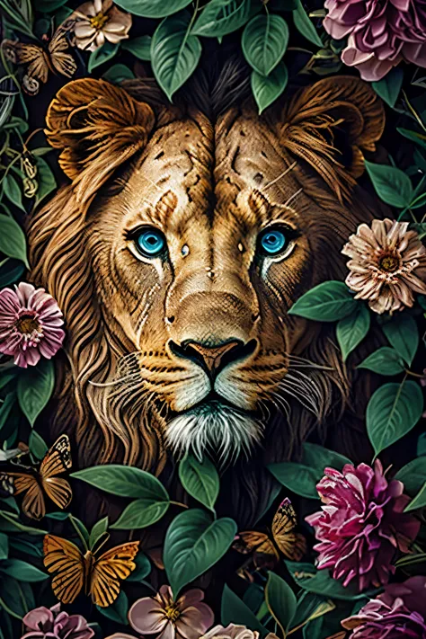 collage contemporary art, lion head, with flowers and leaves, some brilliant insects, painted, ultra detailed, full color, vibra...