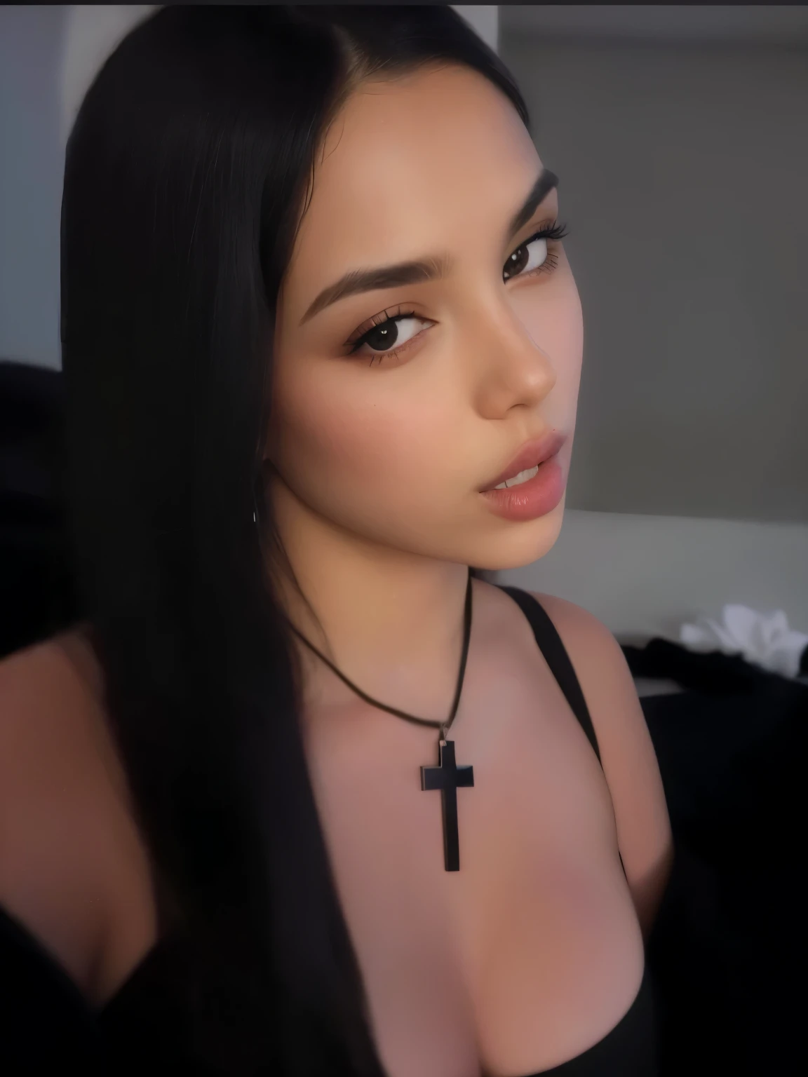 A close up of a woman with long black hair wearing a cross necklace -  SeaArt AI