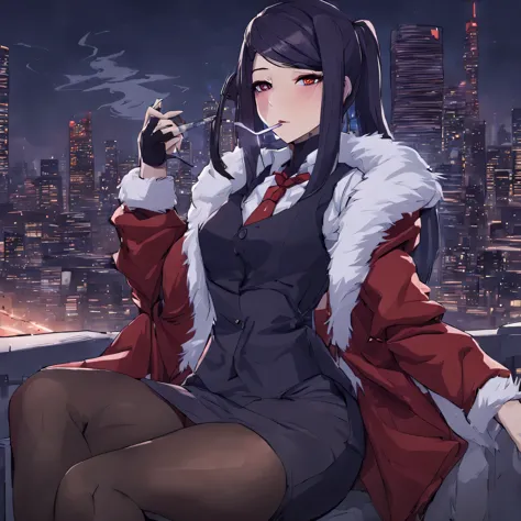 jill stingray,
tie, tights, skirt, vest, white shirt, fur trim, open coat, red coat, night, cityscape, cyberpunk, smoking, relax...