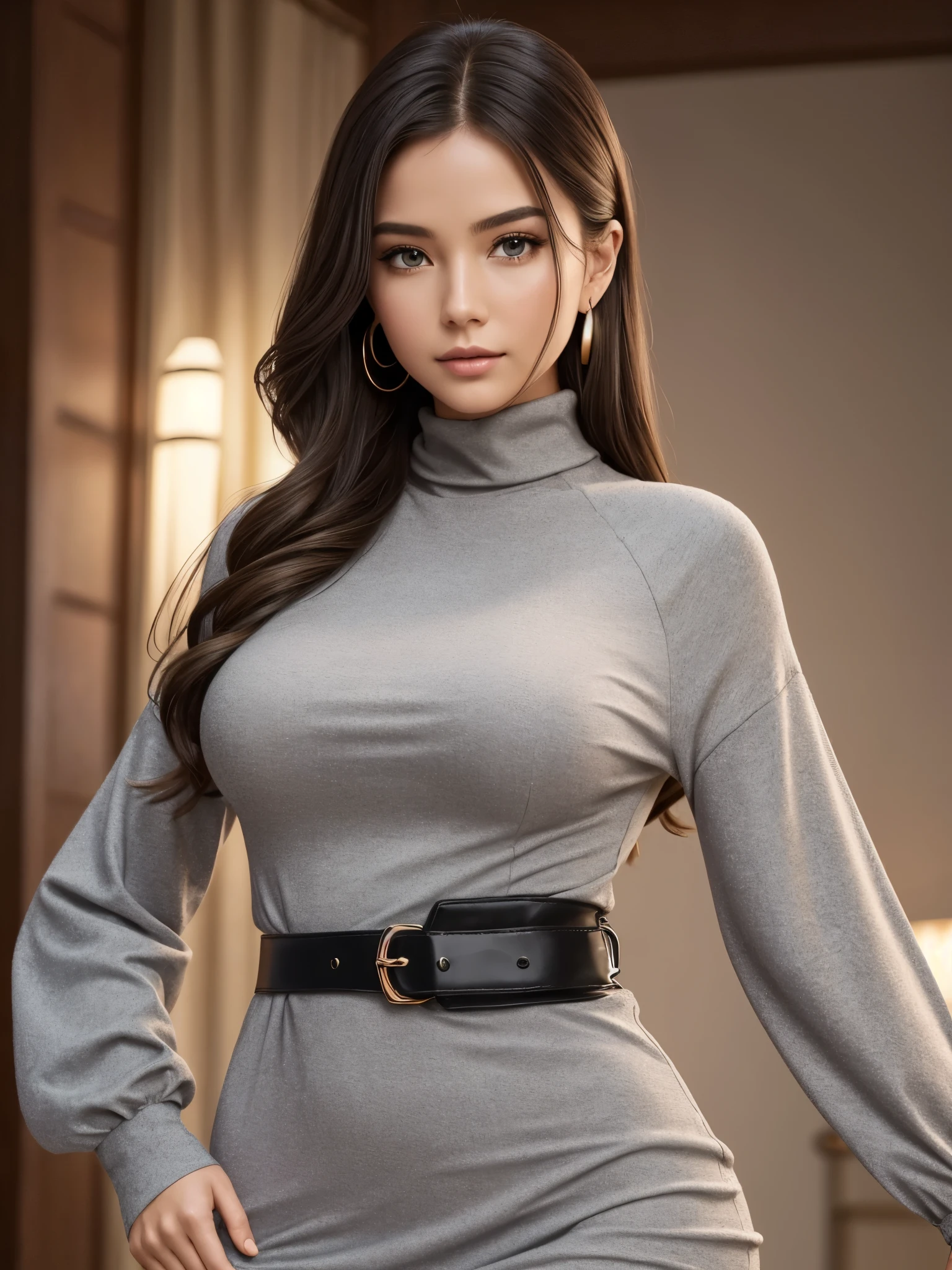 A woman in a gray dress and black belt posing for a picture - SeaArt AI