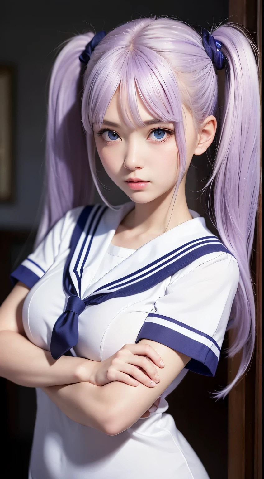 ((best quality, 8k, masterpiece :1.3)), sharp focus :1.2, 1 cute girl, (light purple hair), (long twintails), white sailor suit, red tie, highly detailed face and skin texture, ((detailed eyes)), ((beautiful eyes)), folding arms