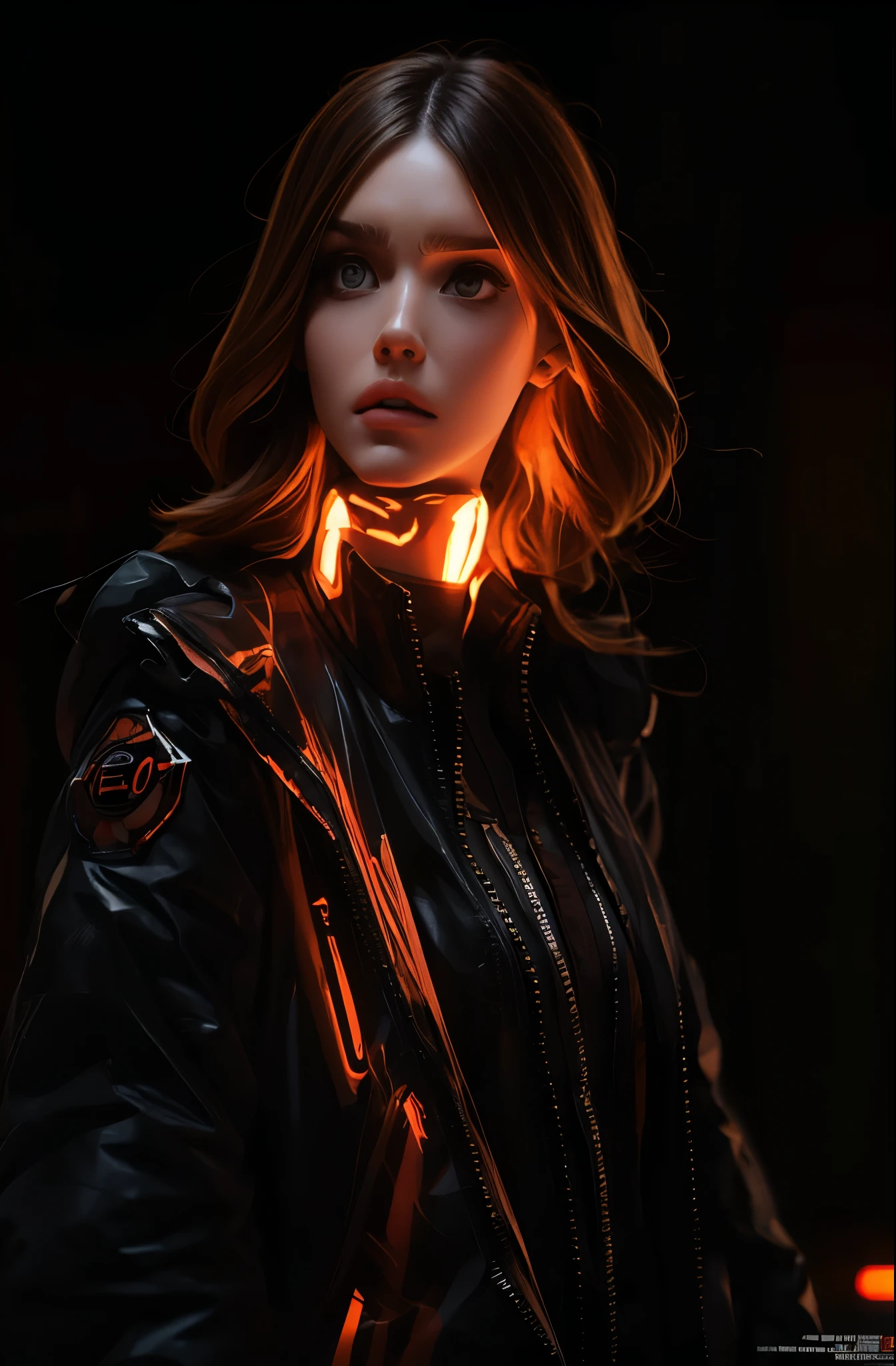 A woman in a black jacket with glowing lights on her face - SeaArt AI