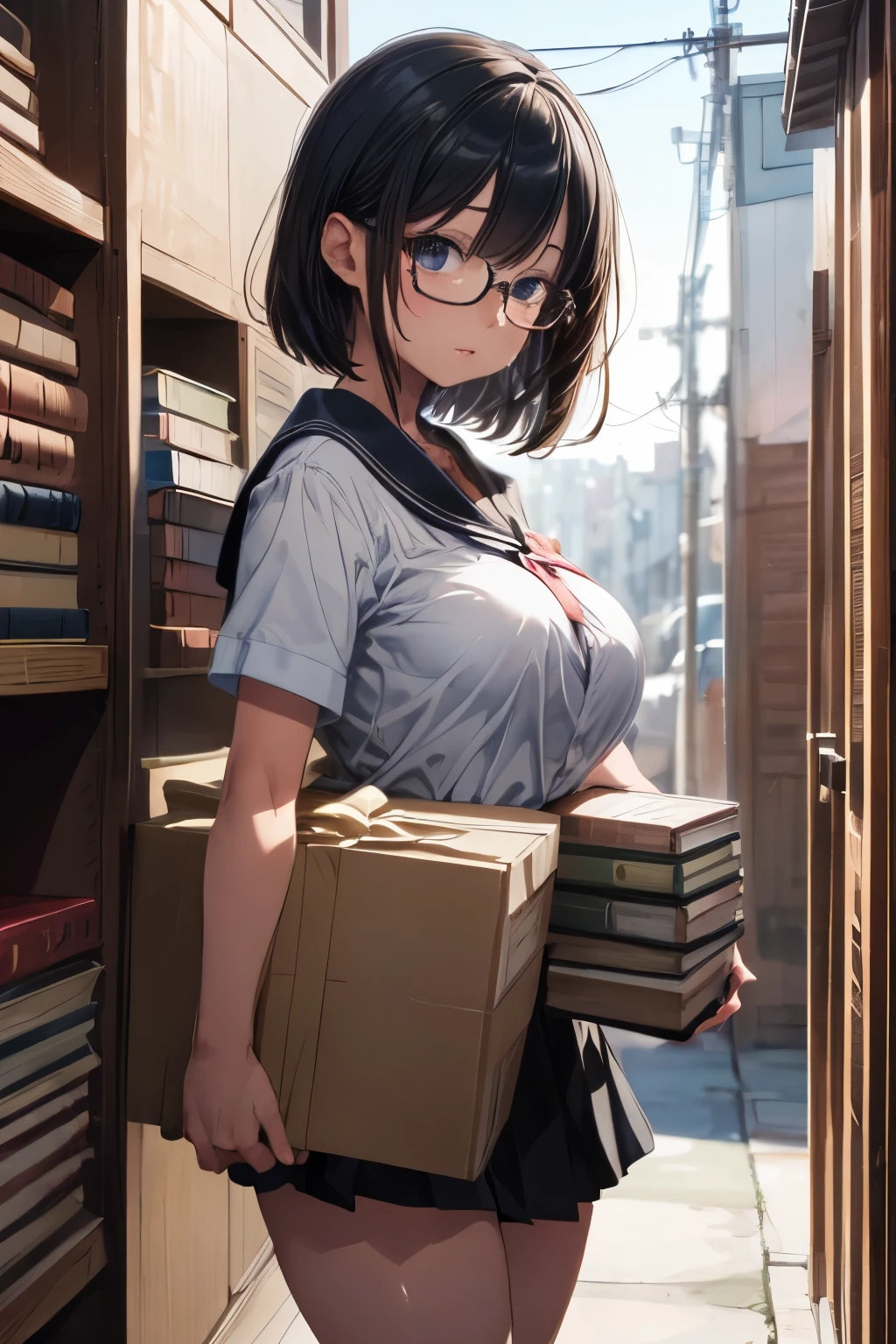 (masterpiece, best quality, highly detailed, ultra detailed, high resolution, absurdres, 4K, 8K:1.2), (official art, incredibly fine illustration, extremely detailed CG, detailed background, professional lighting, dynamic angle, perfect hands, detailed shiny skin, detailed hair, detailed eyes), library, Girl in uniform, serafuku, White shirt, Black skirt, Black short hair, Shiny hair, Shiny skin, carried breast rest
carrying, stack of books, medium breasts, glasses