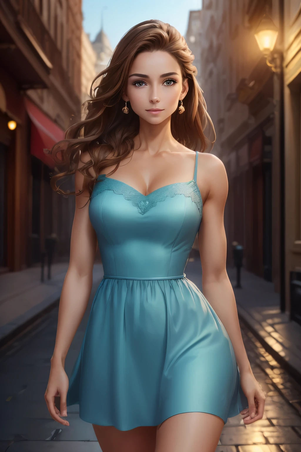 (Best quality, 8K, Masterpiece: 1.3), Clear focus: 1.2, Beauty: 1.4, Abs: 1.1, Brown hair, Aqua dress: 1.4, Night outdoors: 1.1, City streets, fine face and eyes, double eyelids. Realistic lighting added, pay attention to adjust the proportions.