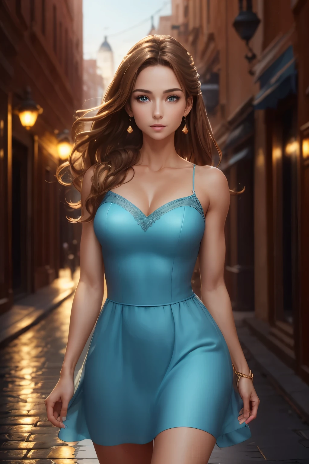 (Best quality, 8K, Masterpiece: 1.3), Clear focus: 1.2, Beauty: 1.4, Abs: 1.1, Brown hair, Aqua dress: 1.4, Night outdoors: 1.1, City streets, fine face and eyes, double eyelids. Realistic lighting added, pay attention to adjust the proportions.