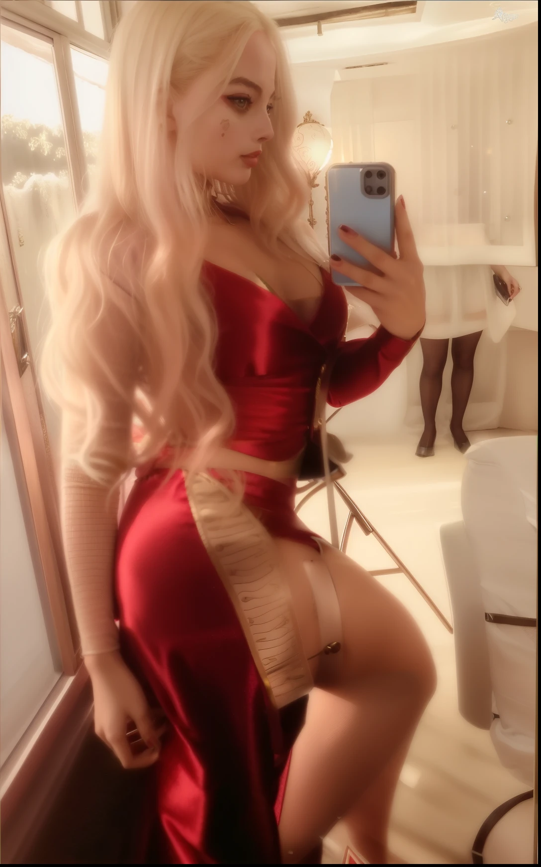 Blond woman in red dress taking a selfie in mirror - SeaArt AI