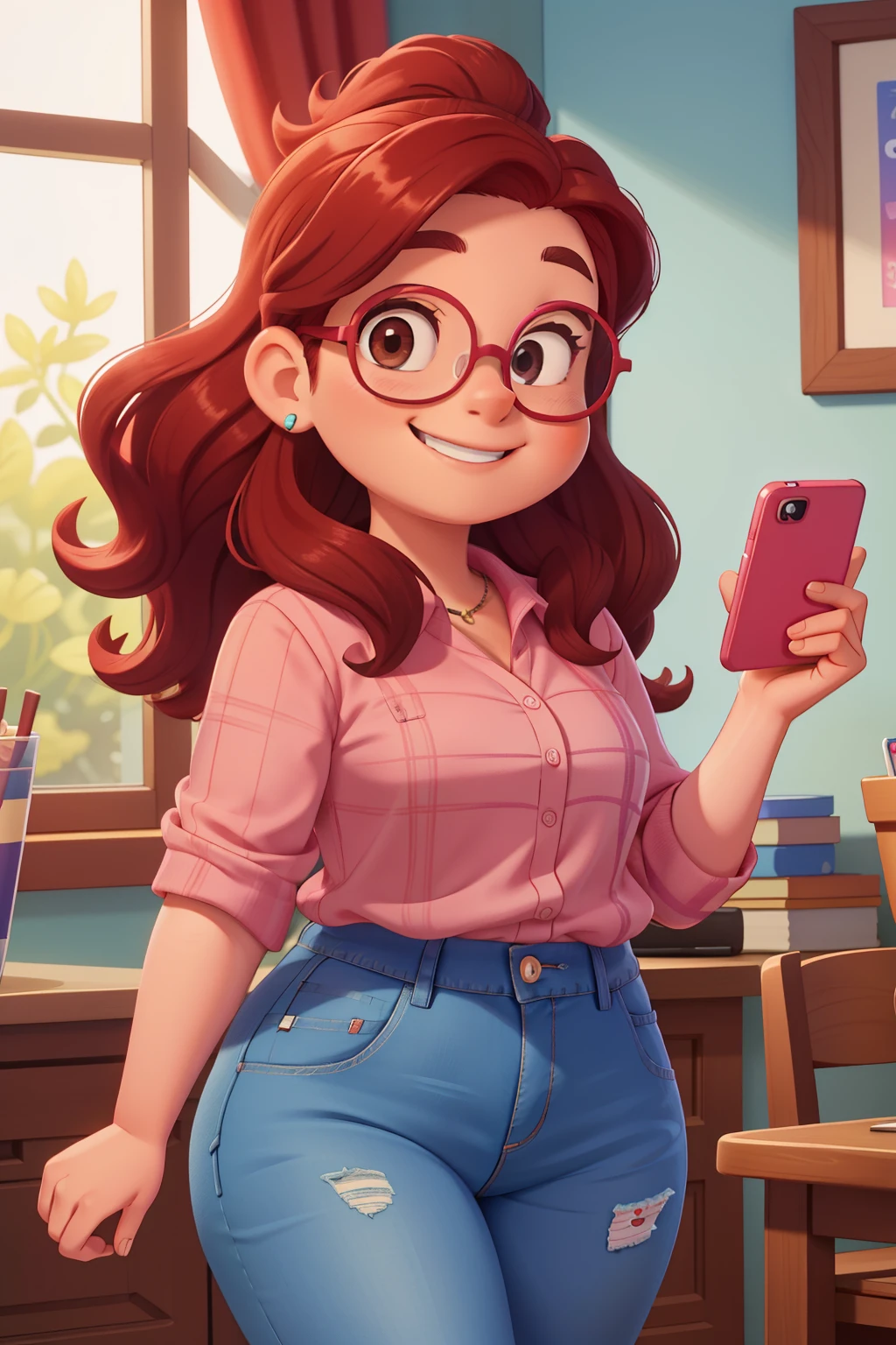 A cartoon girl in glasses holding a cell phone in her hand - SeaArt AI