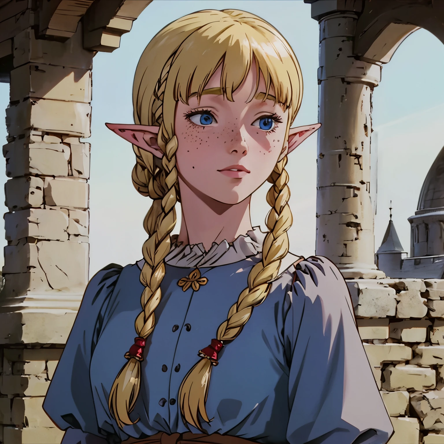 a beautiful blonde woman with elf ears and freckles, with braids