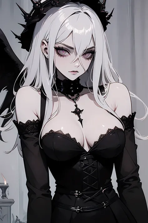 Create the image of a beautiful gothic girl with evil powers Her eyes are black thus revealing her dark powers She has an evil smile Her body is sensual And sculptural seducing whoever sees her She is wearing a microskirt And wearing a corset Her skin is p...