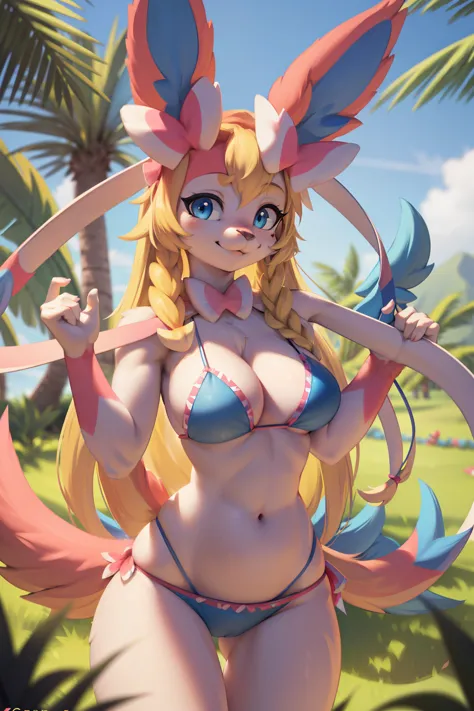 masterpiece, best quality,hdr,8k,1girl,furry female,forest
solo,high detail fur,cinema angle,8K,game CG,blue sky,hawaii bikini,hula-hula,garland
perfect lighting,servalcat,looking at viewer,blonde,long hair
sylveon