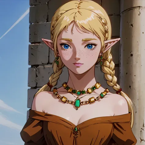 a beautiful blonde woman with elf ears and freckles with braids, with a beautiful jeweled necklace