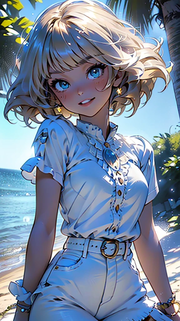 Anime semi-realista:1.4 (Fondo de pantalla CG unidad 8K), (Obra maestra), (mejor calidad), DESCANSO 1 hermosa chica de 23 años, cara perfecta, cabello rubio claro, (flequillo con plumas en la parte central, frente mostrando, domesticar el pelo medio-corto, pequeños rizos enrollados ascendentes que enmarcan la cara, Farrah Fawcett de los años 70 emplumada / Peinado Seiko Matsudo), CosmiEyes, ojos azul claro brillante, (Hermosa y detallada descripción de los ojos.), Ultra detallado, sonrisa con la boca abierta, dientes perfectos, rubor ligero en las mejillas, cuerpo detallado, bronceado suave, manos mantenidas detrás de la espalda en una pose tímida, (cara detallada), lindo, encantador, tímido, ((blusa blanca y celeste, blusa con volantes, mangas cortas, jeans azules en buen estado)), Pose dinámica BREAK, Vista vaquera, (centrado, escala para ajustarse a las dimensiones, Regla de los tercios), De pie, POV aleatorio, configuración del parque, árboles y flores cercanos, día soleado, Temprano en la tarde, iluminación cinematográfica, antecedentes detallados.