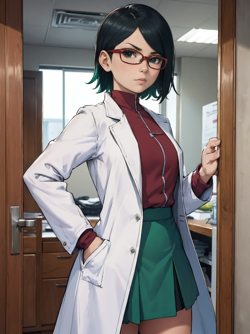 (Sarada Uchiha com cabelo curto, olhos pretos e óculos). (((pequeno. ela está usando um jaleco branco, blusa de lã verde turquesa, e saia preta))). Ela está em um consultório médico com prateleiras com remédios e uma mesa com documentos. ((Ela tem um estetoscópio)). detalhes intrincados], cores ricas e uma sensação de grandeza. perspectiva. luvas brancas