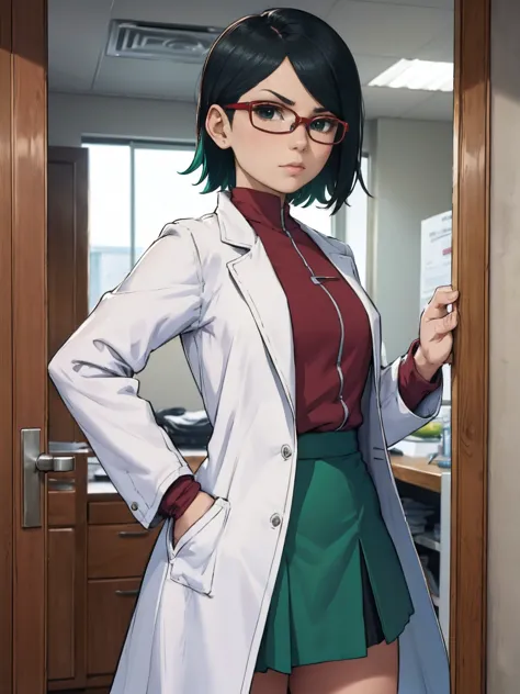 (Sarada Uchiha with short hair, black eyes and glasses). (((Small. She is wearing a white coat, turquoise green wool blouse, and...