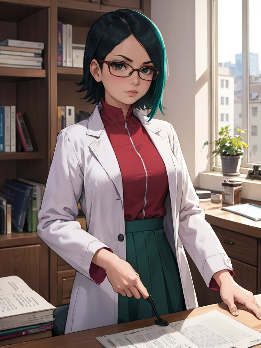 (Sarada Uchiha with short hair, black eyes and glasses). (((Small. She is wearing a white coat, turquoise green wool blouse, and black skirt))). She is in a doctor's office with shelves with medicines and a table with documents. ((She has a stethoscope)). Intricate details, rich colors and a sense of grandeur. Perspective. White gloves