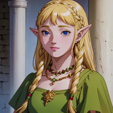 a beautiful blonde woman with elf ears and freckles with braids, with a beautiful jeweled necklace